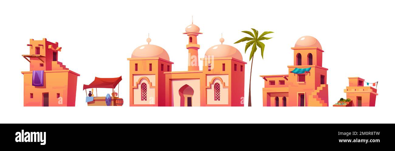 Edifici cittadini arabi, case cittadine islamiche, castello e mercato. Antica architettura araba tradizionale, edifici musulmani in pietra isolati su sfondo bianco, illustrazione vettoriale dei cartoni animati Illustrazione Vettoriale