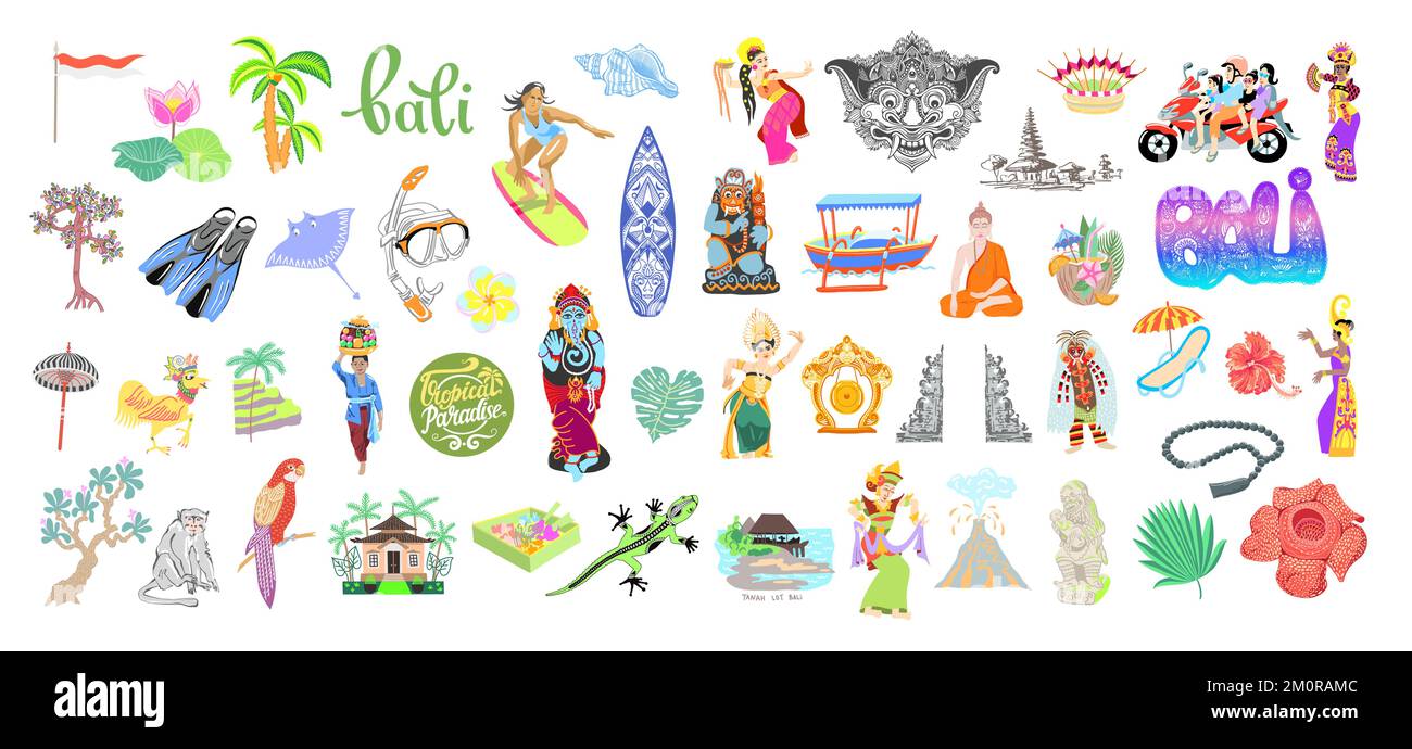 Mega set di 50 simboli tradizionali bali Island Indonesia, collezione di illustrazioni vettoriali dal design piatto balinese Illustrazione Vettoriale