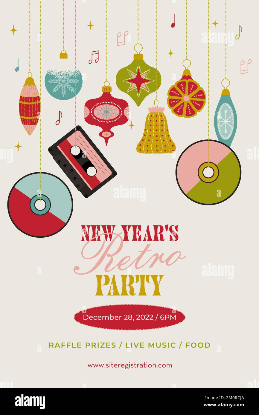 Modello in stile retrò per la festa di Capodanno. Illustrazione vettoriale con palle di vetro decorative in uno stile piatto alla moda Illustrazione Vettoriale