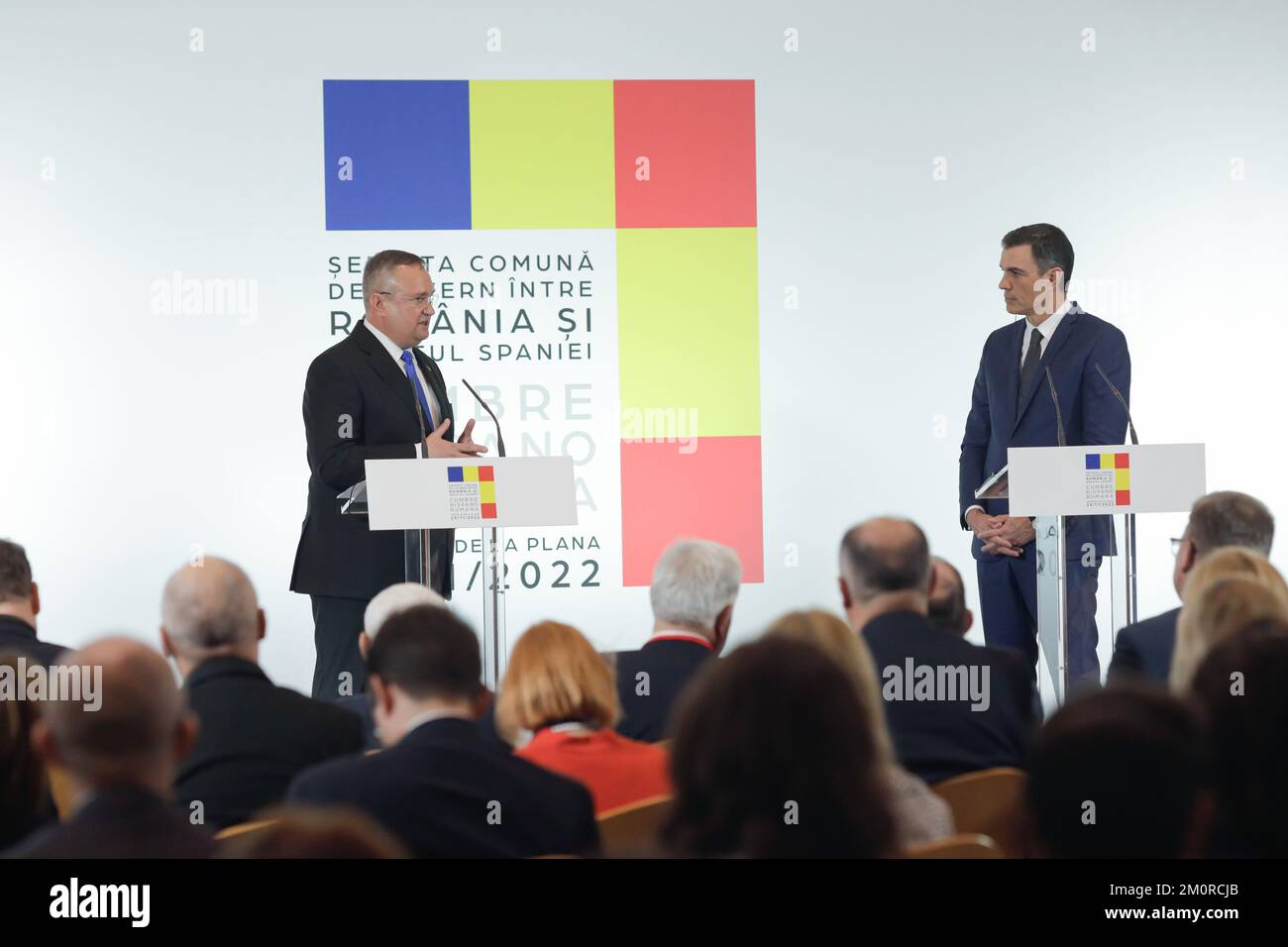 Castellon de la Plana, Spagna - 23 novembre 2022: Conferenza stampa congiunta del presidente del governo del Regno di Spagna, Pedro Sanchez per Foto Stock