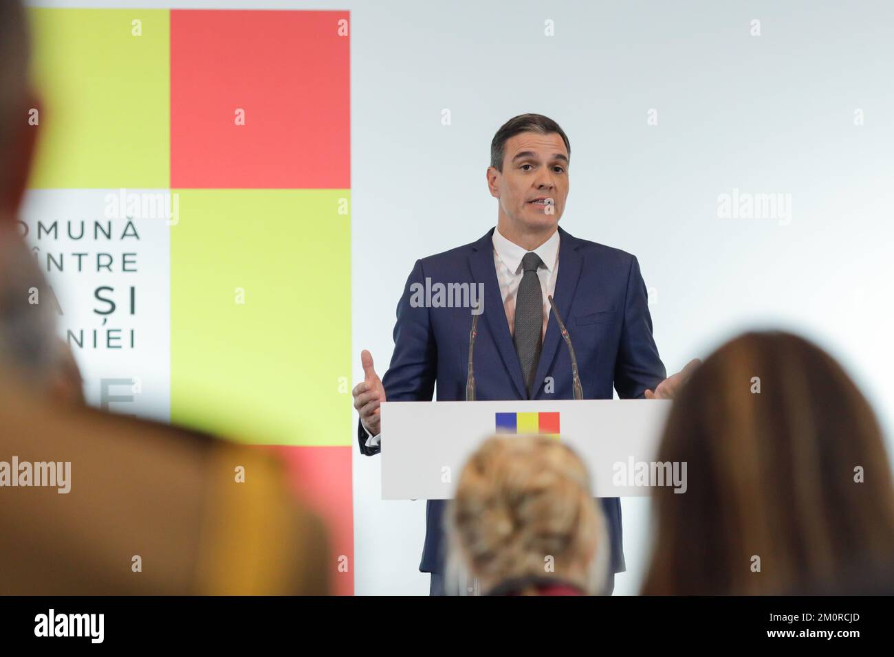 Castellon de la Plana, Spagna - 23 novembre 2022: Conferenza stampa congiunta del presidente del governo del Regno di Spagna, Pedro Sanchez per Foto Stock