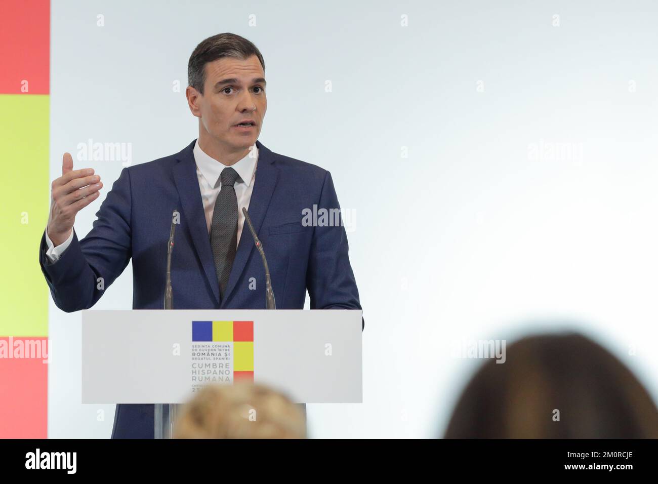 Castellon de la Plana, Spagna - 23 novembre 2022: Conferenza stampa congiunta del presidente del governo del Regno di Spagna, Pedro Sanchez per Foto Stock