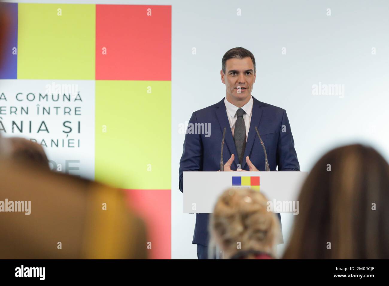 Castellon de la Plana, Spagna - 23 novembre 2022: Conferenza stampa congiunta del presidente del governo del Regno di Spagna, Pedro Sanchez per Foto Stock