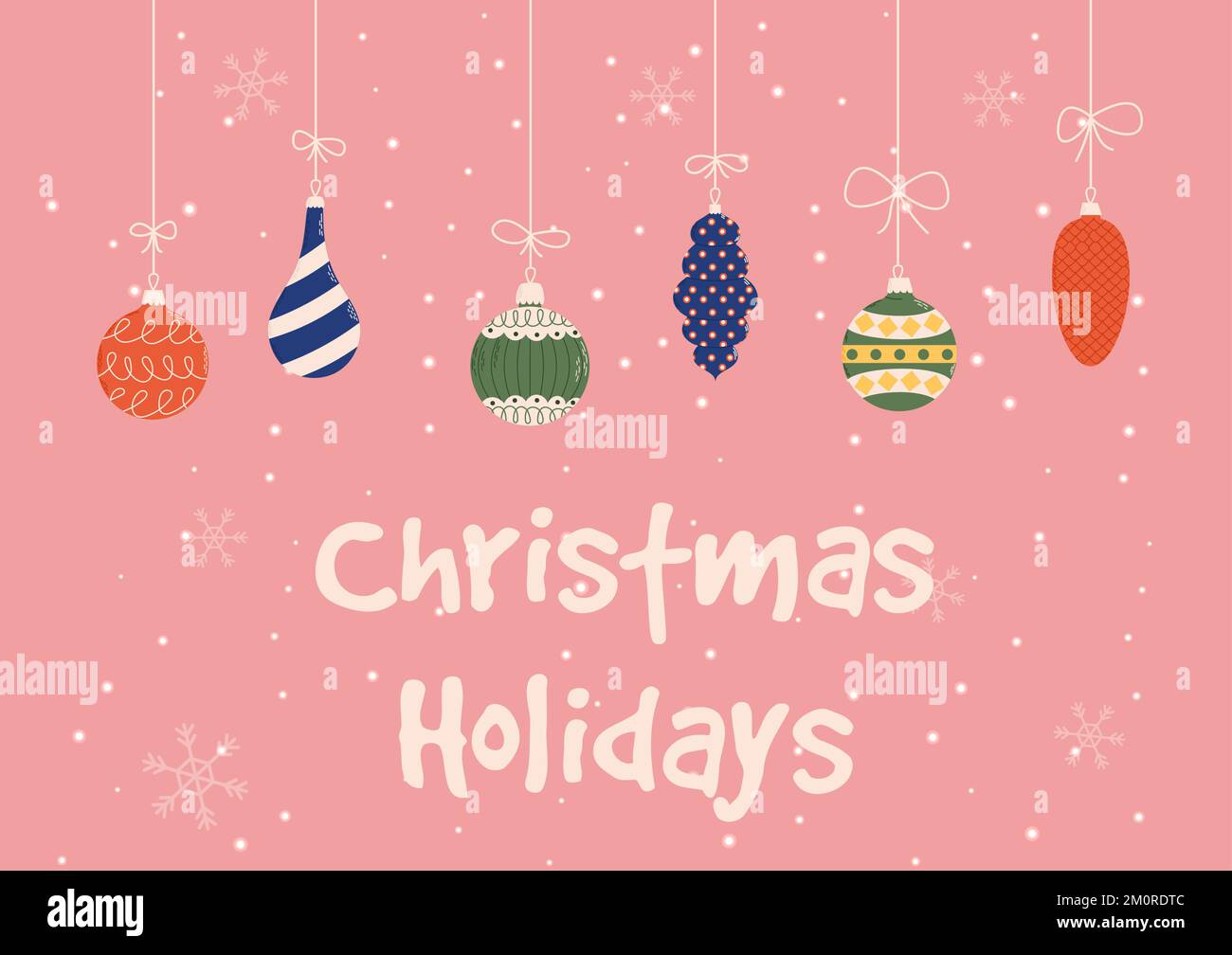 Carta di Natale groovy con giocattoli di natale. Concetto di celebrazione di Natale e Capodanno. Ideale per biglietti d'auguri, inviti, banner, web design. Illustrazione Vettoriale