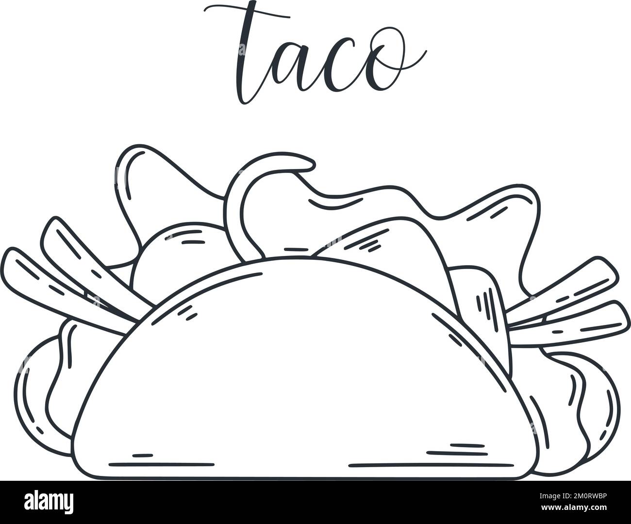Illustrazione di Taco doodle. Inchiostro schizzo di tartilla farcita. Antipasto messicano con carne e verdure clip art. Cibo latino-americano isolato vettore malato Illustrazione Vettoriale