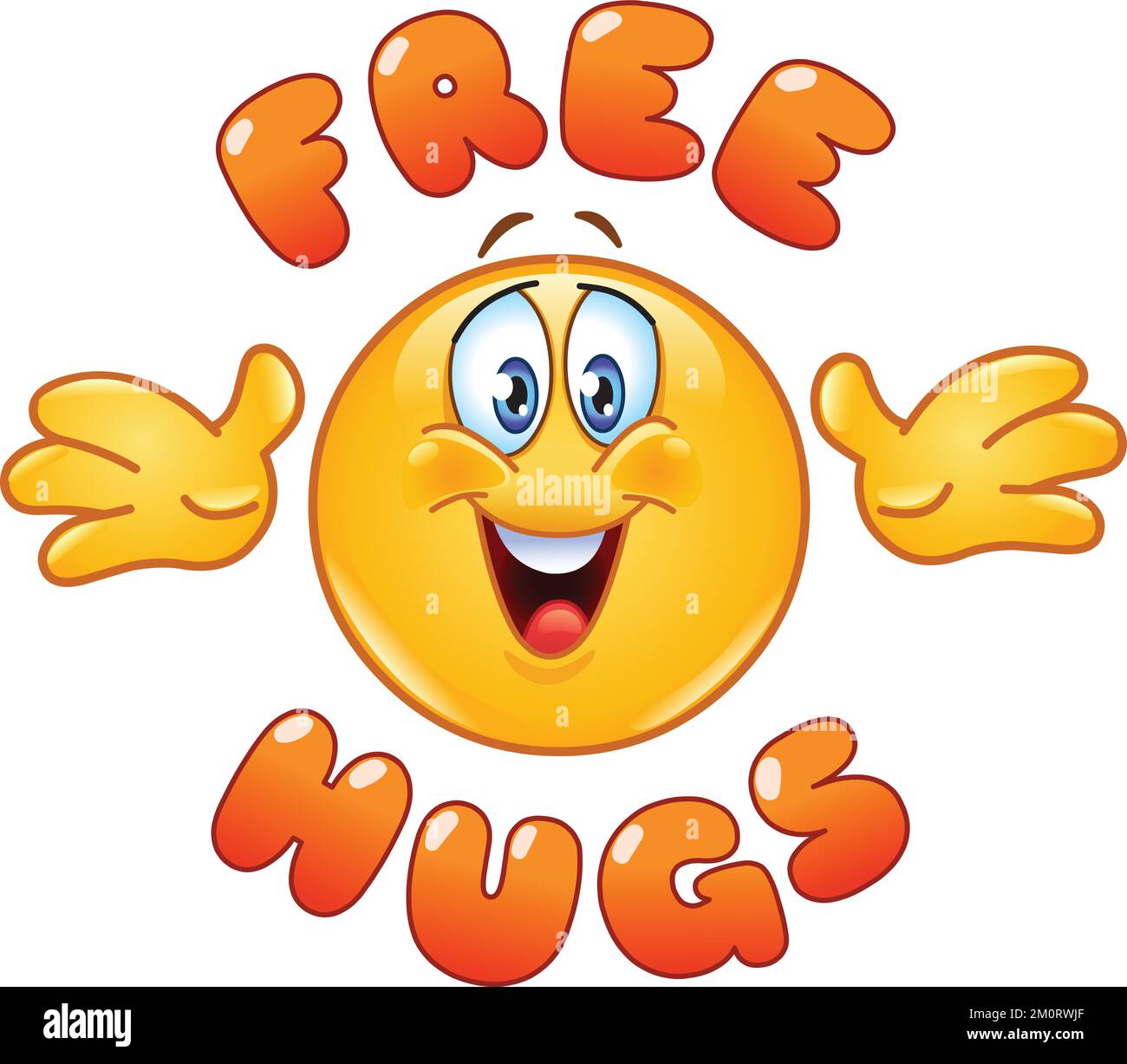 Emoticon emoji felice raggiungere le braccia, libero hugs scrittura Illustrazione Vettoriale