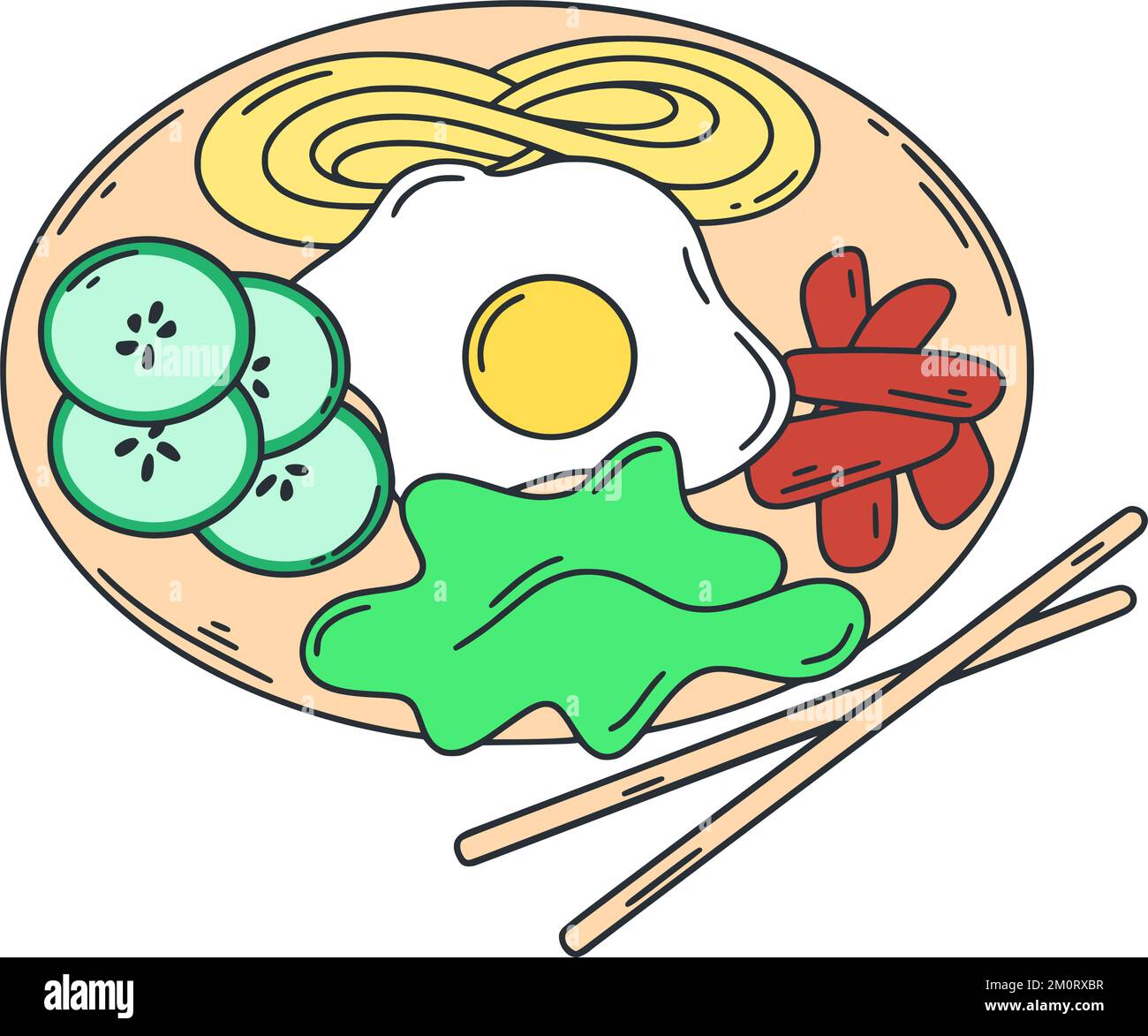 Tradizionale piatto coreano bibimbap. Illustrazione di vettore isolato di cibo asiatico. Piatto a porzioni di verdure, carne e uova. Pranzo al ristorante o al bar Illustrazione Vettoriale