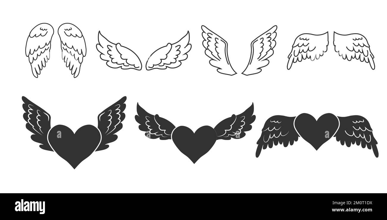 Imposta ali angelo con cuore, contorno e silhouette in stile cartone isolato su sfondo blu, elemento di design per la decorazione. Illustrazione vettoriale Illustrazione Vettoriale