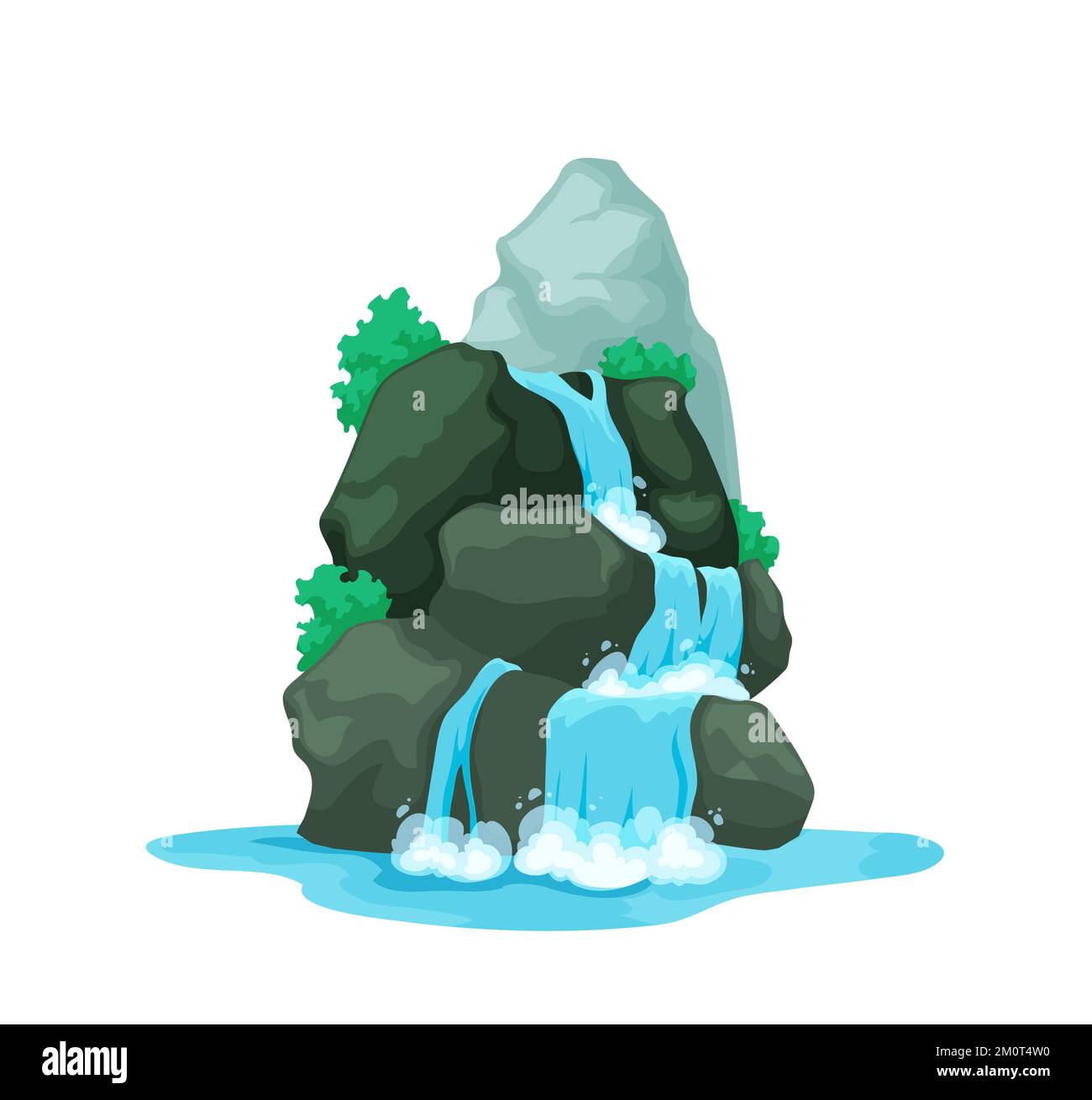 Cascata di cartone animato e cascata d'acqua, paesaggio naturale del fiume di montagna. Cascata vettoriale isolata su roccia isola tropicale o lago foresta con acqua in caduta, gioco GUI Illustrazione Vettoriale