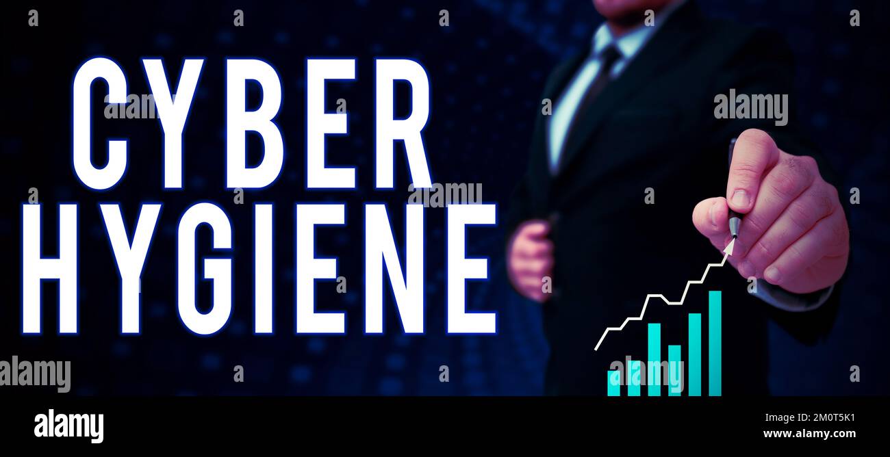Cartello con scritta Cyber Hygiene. Parola per le misure che gli utenti del calcolatore prendono per migliorare la loro sicurezza cibernetica Foto Stock