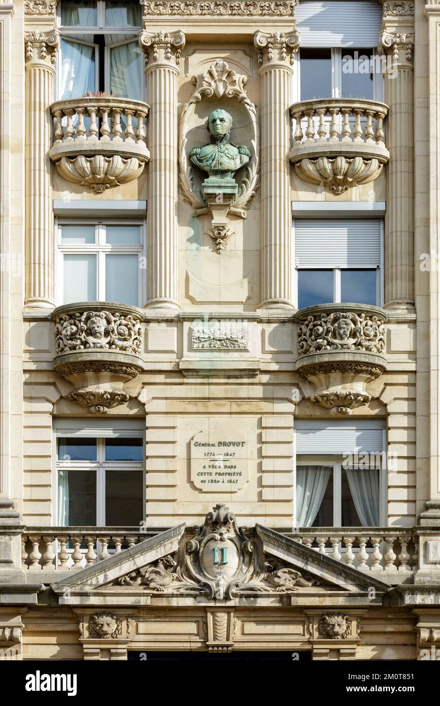 Francia, Meurthe et Moselle, Nancy, facciata di un edificio borghese in stile neoclassico chiamato Hotel Drouot costruito nel 1903 dall'architetto Auguste Thierry in cui visse generale Drouot situato Rue Saint Leon Foto Stock
