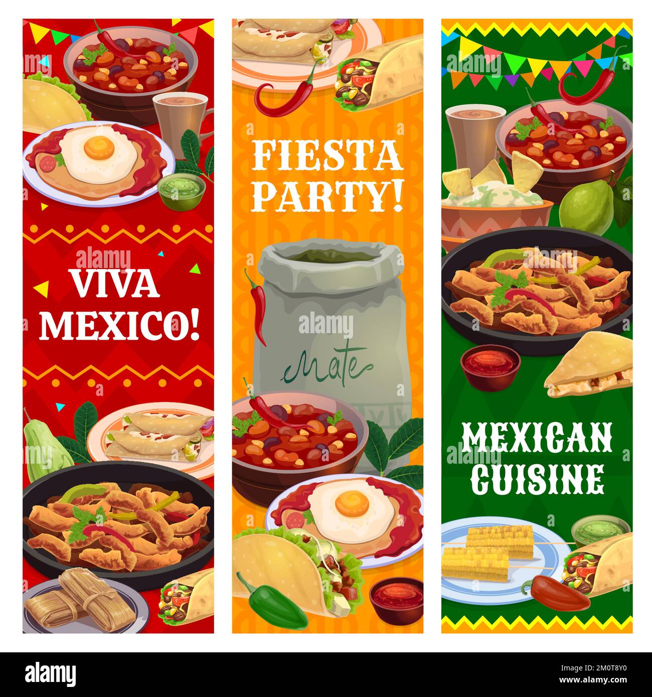 Cucina messicana pasti, bevande, frutta e snack banner verticali. Fast food Tex Mex, menu del ristorante messicano e sfondo vettore festa con fajitas, tacos e burrito, tamales, tè di mate Illustrazione Vettoriale