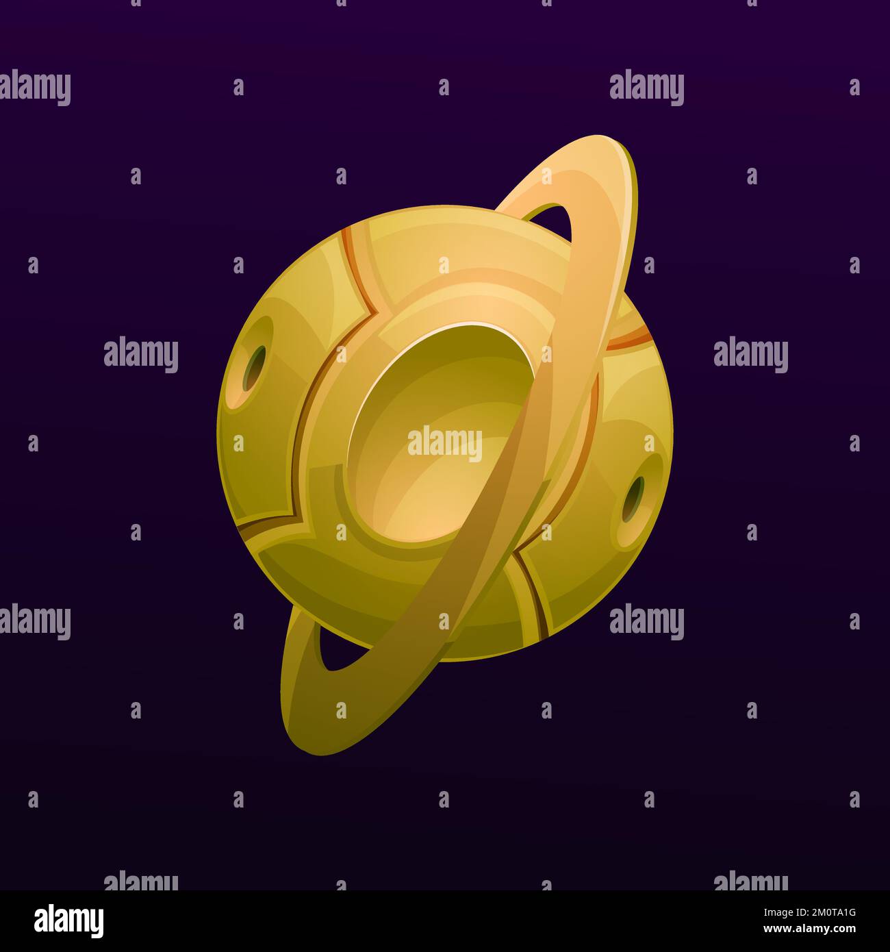 Pianeta cyber metallico con anello. Aliens base spaziale, vettore cartoon futuristico astronave o pianeta artificiale con superficie in metallo color oro, buchi su pali e anello in orbita. Gioco UI mondo robot spazio Illustrazione Vettoriale