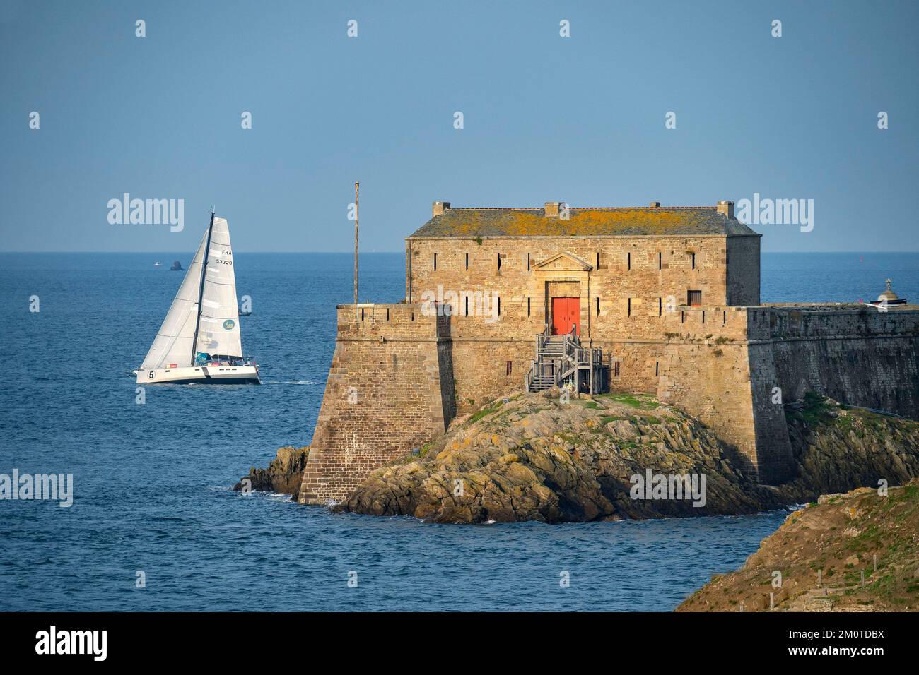 Francia, Ile et Vilaine, Saint Malo, sfilata di barche RHUM MONO nella baia di Saint-Malo, ELORA, skipper Olivier Nemsguern Foto Stock