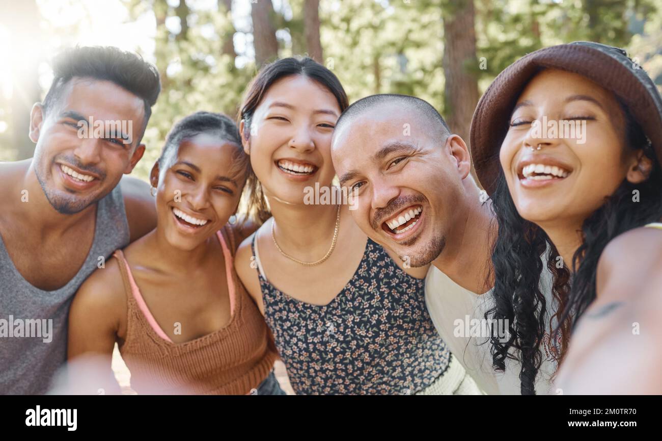 Passare del tempo con la mia famiglia scelta. un gruppo vario di amici che si legano mentre accampano nei boschi. Foto Stock