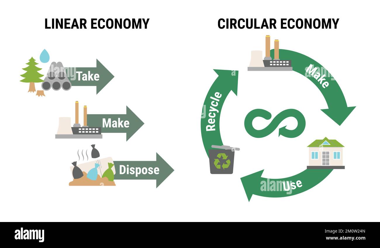 Infografica comparativa dell'economia lineare e circolare. Schema del ciclo di vita del prodotto dalla materia prima alla produzione, al consumo, al riciclaggio anziché Illustrazione Vettoriale