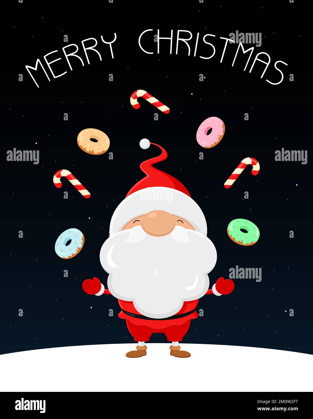 Biglietto di auguri di Natale. Babbo Natale con canne caramellate e ciambelle. Illustrazione vettoriale. Illustrazione Vettoriale