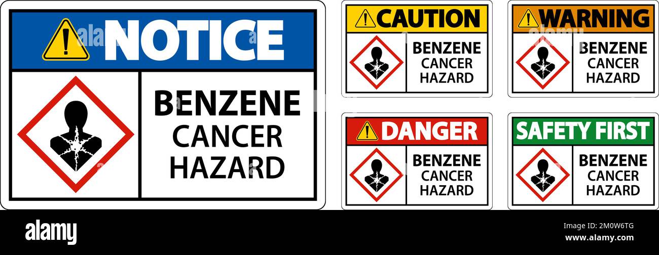 Pericolo benzene pericolo cancro GHS segno su sfondo bianco Illustrazione Vettoriale