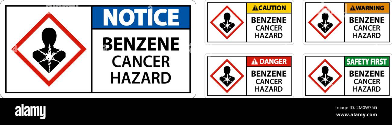 Pericolo benzene pericolo cancro GHS segno su sfondo bianco Illustrazione Vettoriale