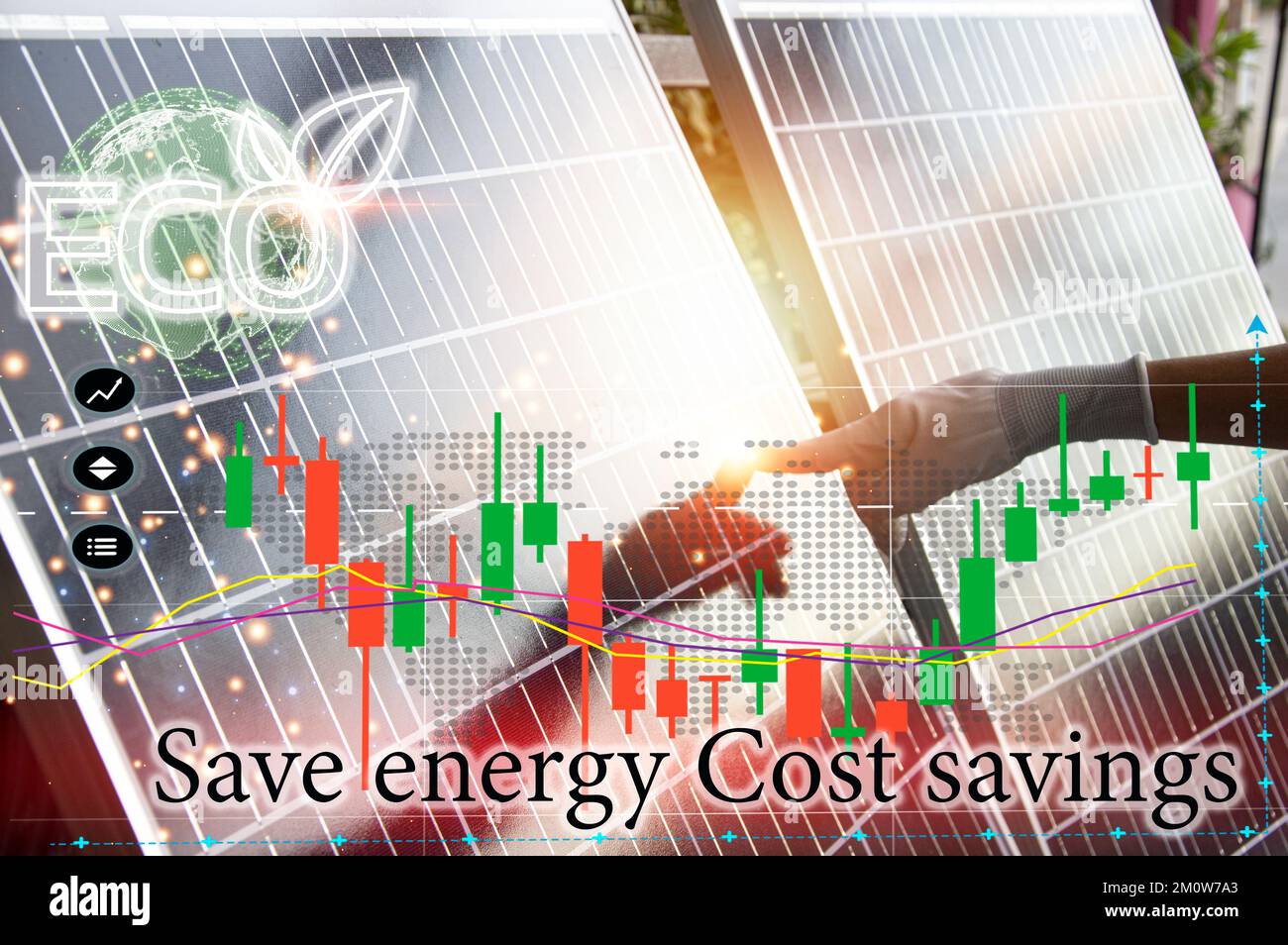 Il concetto di utilizzo di energia pulita come le celle solari, risparmio di energia, risparmio di costi. Foto Stock