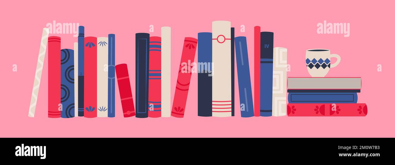 Prenota spine. grande libreria con vari libri. Illustrazione con isolamento vettoriale in colori blu rosa. Banner Web. Illustrazione Vettoriale