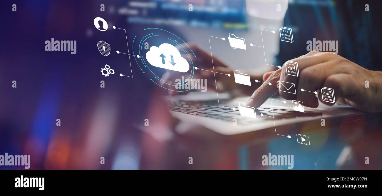 Tecnologia di cloud computing Internet e archiviazione online dei dati per il trasferimento dei file di backup. Concetto di sistema di gestione dei documenti (DMS). Foto Stock