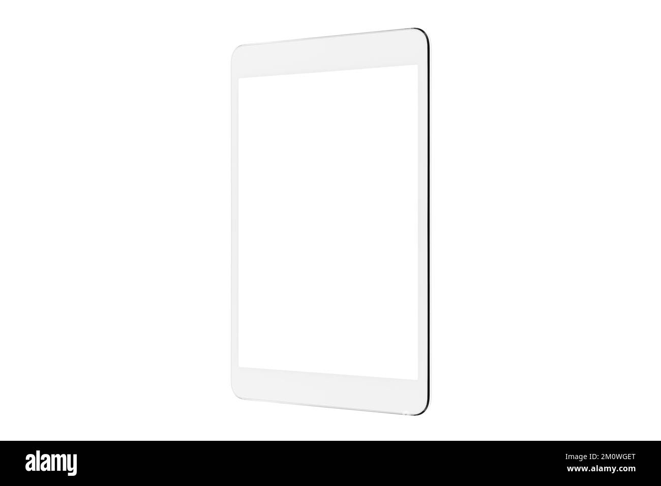 Tablet digitale isolato in tre quarti di sfondo bianco mockup, nuovo bianco per tablet nero senza cornice moderno con schermo bianco Foto Stock