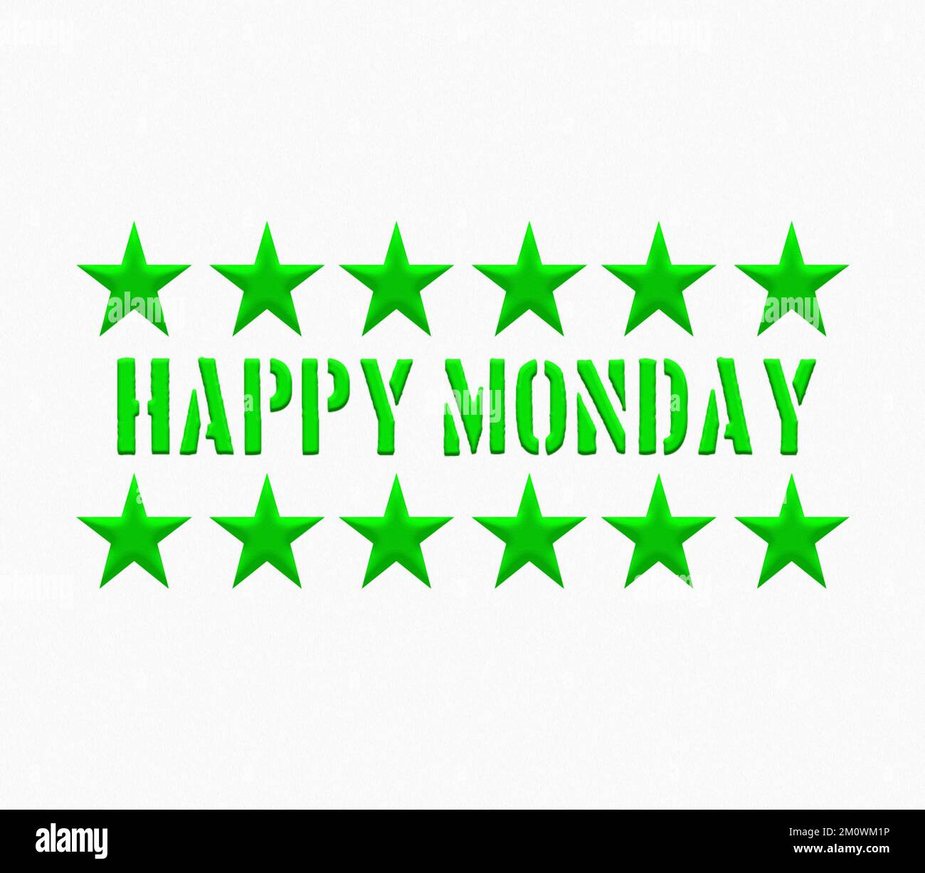 Un'illustrazione 3D verde HAPPY MONDAY testo con stelle isolate su sfondo bianco Foto Stock