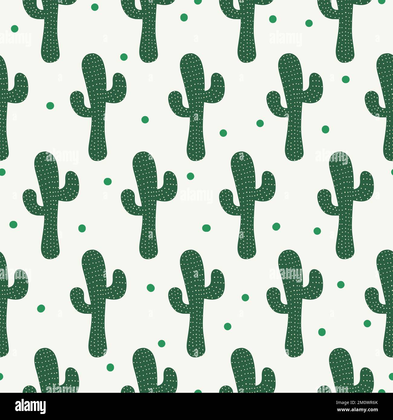 Semplice motivo senza cuciture con cactus e puntini con sfondo verde chiaro Illustrazione Vettoriale