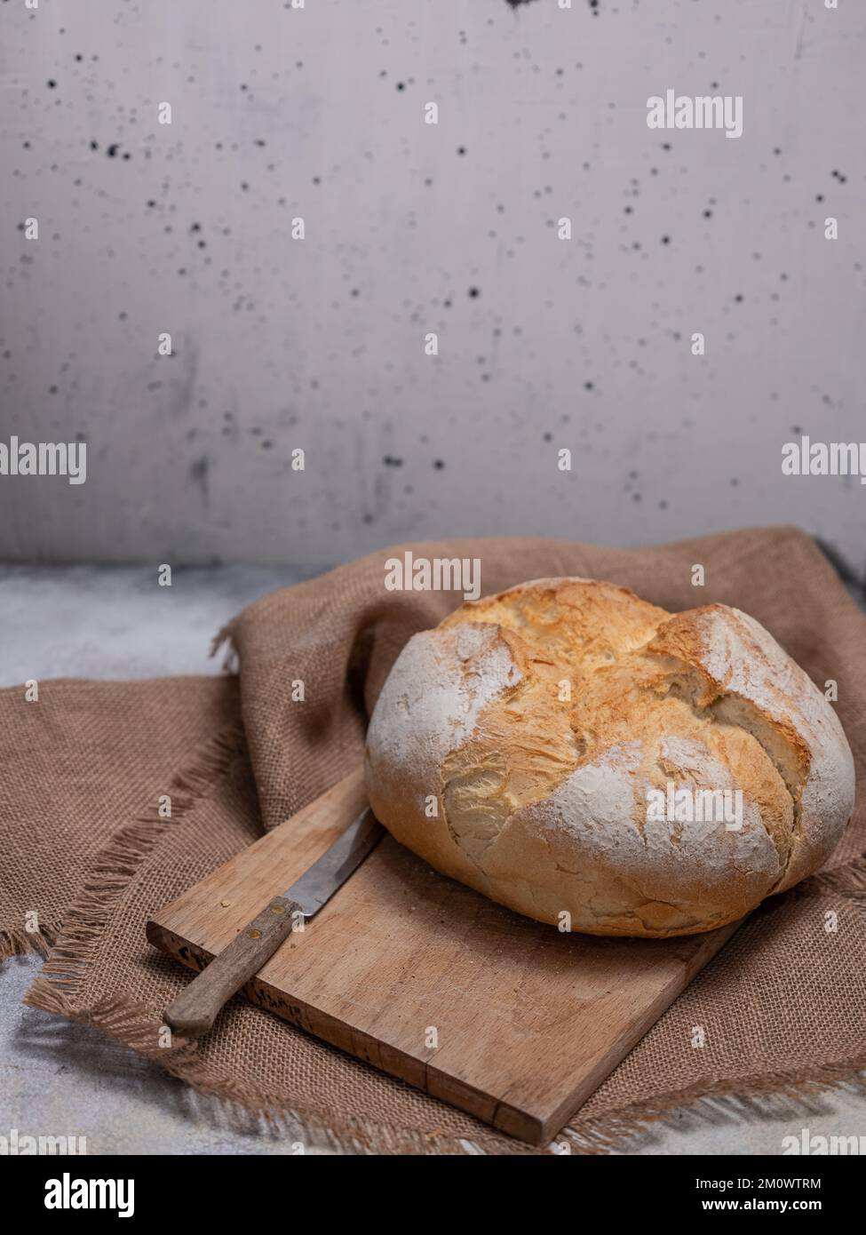 Pane appena sfornato sfondo grigio cemento Foto Stock