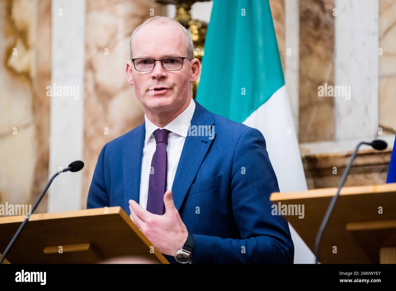 Dublino, Irlanda. 08th Dec, 2022. Simon Coveney, ministro degli Affari esteri dell'Irlanda, a una conferenza stampa congiunta con il ministro degli Esteri Baierbock presso il Dipartimento degli Affari esteri dell'Irlanda (Iveagh House). Credit: Christoph Soeder/dpa/Alamy Live News Foto Stock