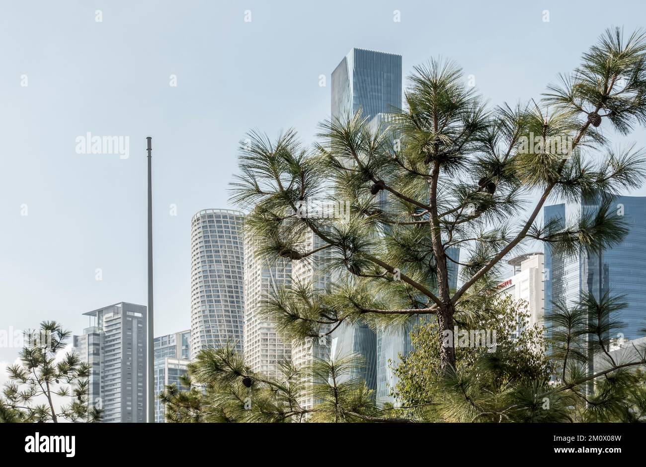 Edifici moderni sul Paseo de Los Arquitectos visto da Parque la Mexicana, Santa Fe, Città del Messico, Messico Foto Stock