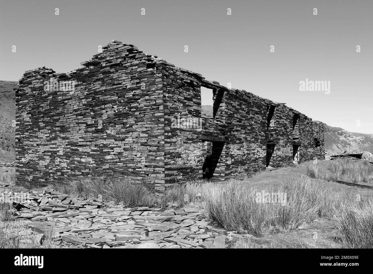 Abandoned Quarry Worker Cottages, Cwmorthin, Tanygrisiau, Blaenau Festiniog, Galles Foto Stock