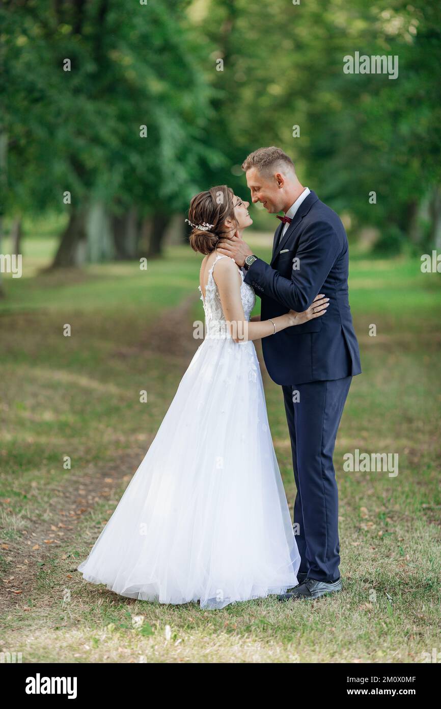 Lo sposo del giovane uomo che mette le braccia intorno al collo della giovane sposa sbalorditiva della donna, abbracciando, incontrando gli occhi, baciando. Matrimonio, amore. Foto Stock