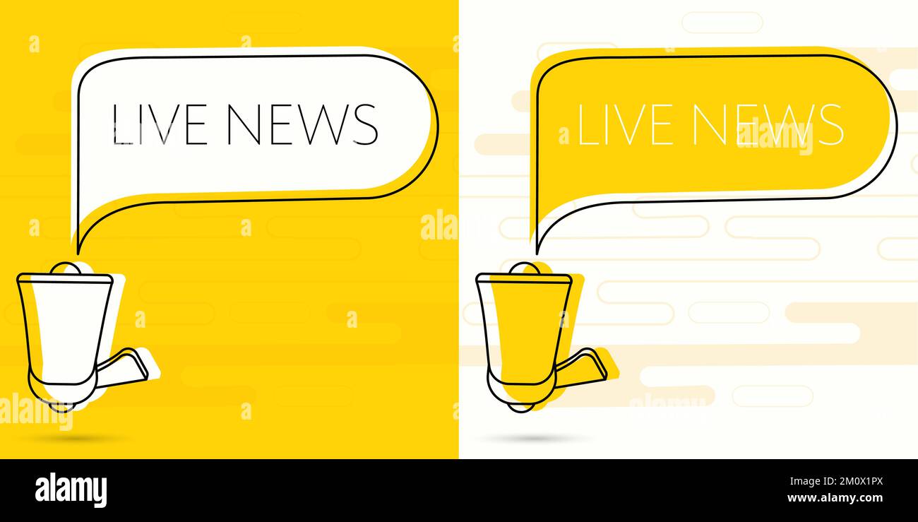 Notizie dal vivo. Megaphone e colorata bolla del discorso giallo con citazione. Gestione del blog, blogging e scrittura per il sito web. Poster concettuale per i social Illustrazione Vettoriale