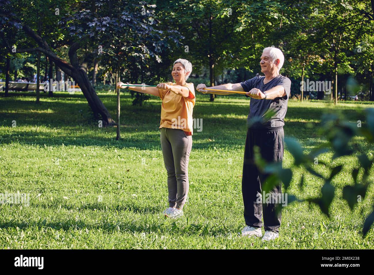 I più anziani 60 sposi indossano abbigliamento sportivo che fa le esercitazioni delle mani, le armi di addestramento all'aperto nel parco estivo alla mattina usando le fasce di gomma di resistenza. Lif. Sano Foto Stock