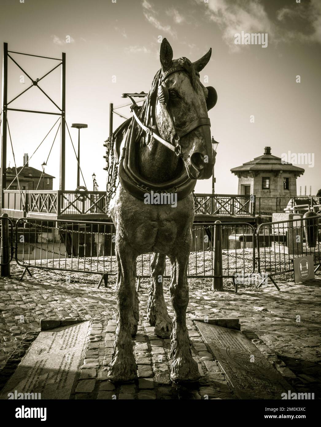 In attesa. Un monumento a cavallo funzionante sul molo di Liverpool. Foto Stock