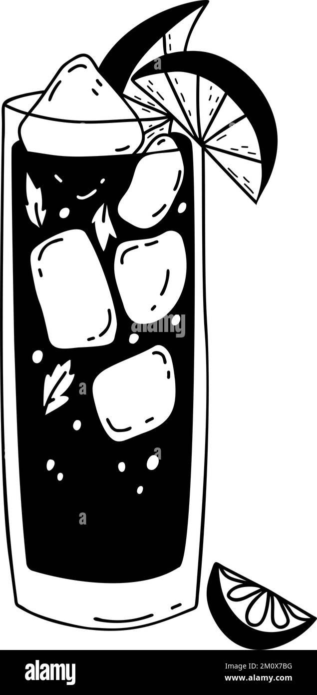 Cocktail popolari. Limonata di Mojito con cubetti di ghiaccio, pezzi di menta e lime. Illustrazione vettoriale in stile doodle disegnato a mano. Bevanda analcolica rinfrescante Illustrazione Vettoriale