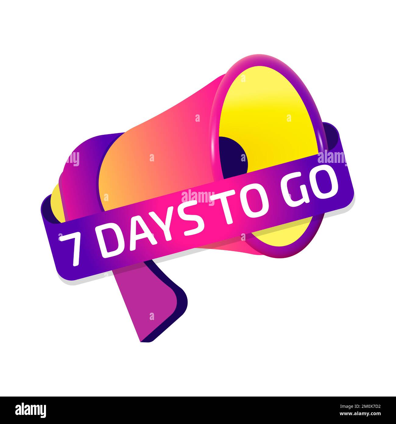 Etichetta banner 7 Days To Go, icona badge con megafono. Design piatto Illustrazione Vettoriale