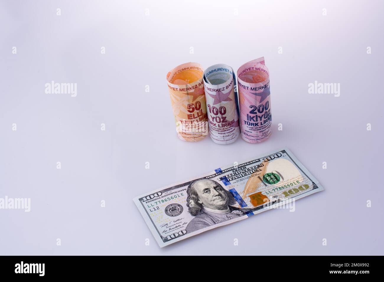 Dollaro americano di banconote e Lira Turksh banconote affiancati su sfondo bianco Foto Stock