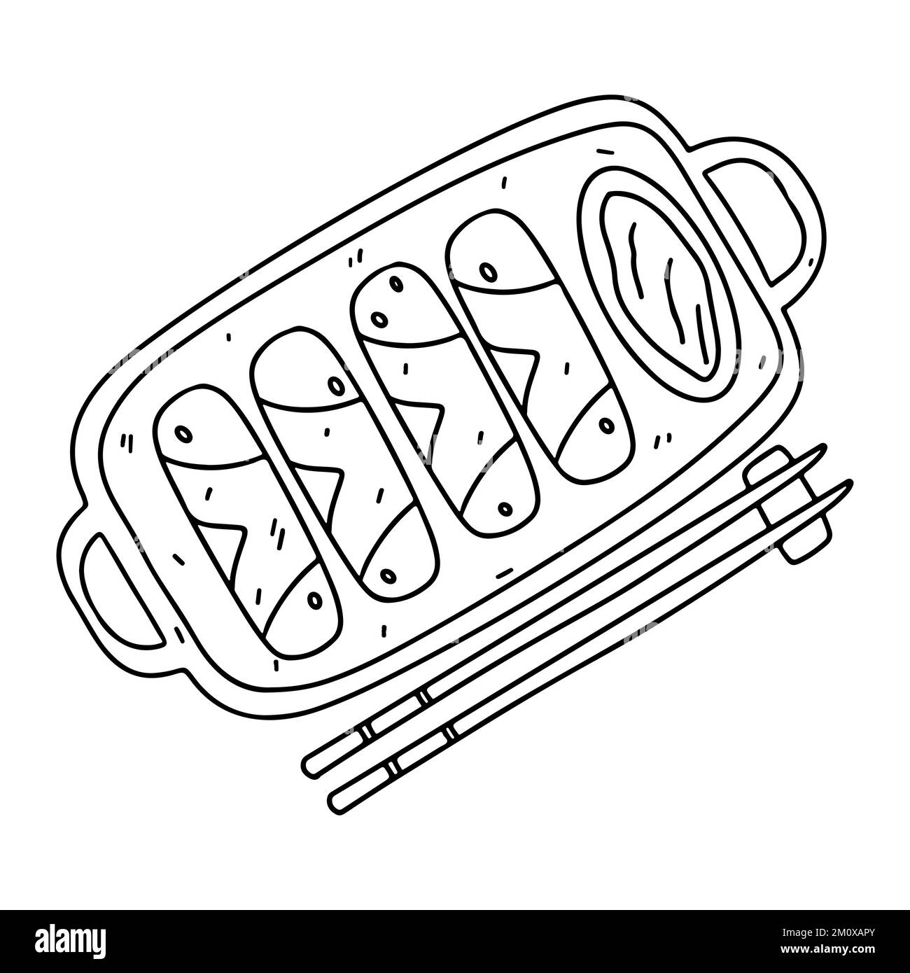 Primavera rollin stile doodle disegnato a mano. Illustrazione del vettore piatto cinese. Vista dall'alto. Illustrazione del vettore alimentare asiatico isolata su sfondo bianco Illustrazione Vettoriale