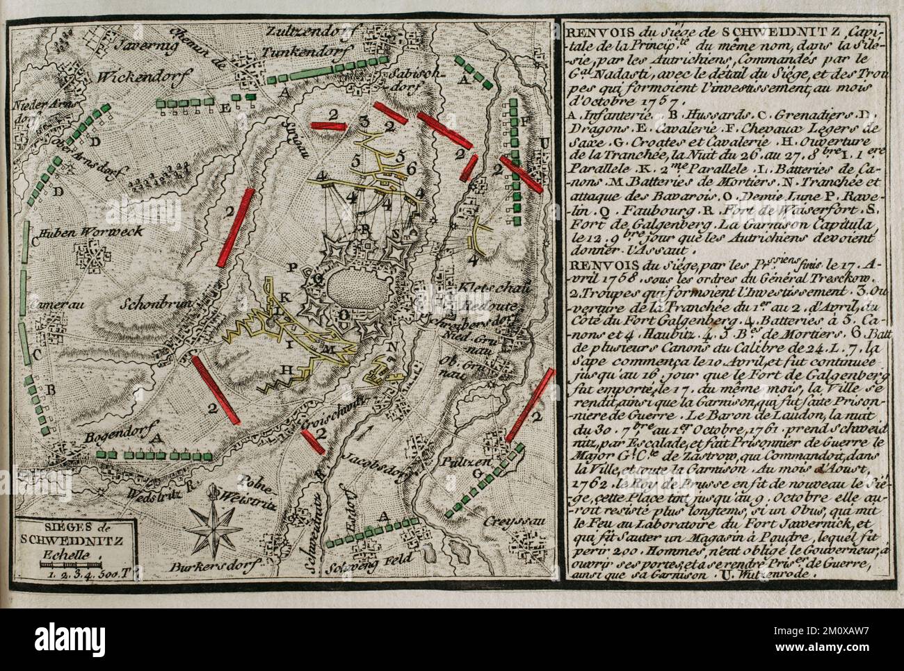 Guerra dei sette anni (1756-1763). Terza guerra silesiana. Mappa dell'assedio di Schweidnitz, 1757. Il 14 ottobre 1757, un corpo militare austriaco sotto il comando del generale Franz Leopold von Nadasdy circondò Schweidinitz. Il 15 marzo 1758, Federico il Grande si trasferì a Breslau. Prima di iniziare la nuova campagna, dovette controllare la cittadina austriaca di Schweidnitz. L'ordine di iniziare l'assedio di Schweidnitz fu dato al generale von Tresckow. Il 18 aprile 1758 la guarnigione austriaca di Schweidnitz abbandonò la fortezza e depose le armi. La fortezza fu occupata dai prussiani sotto Colone Foto Stock