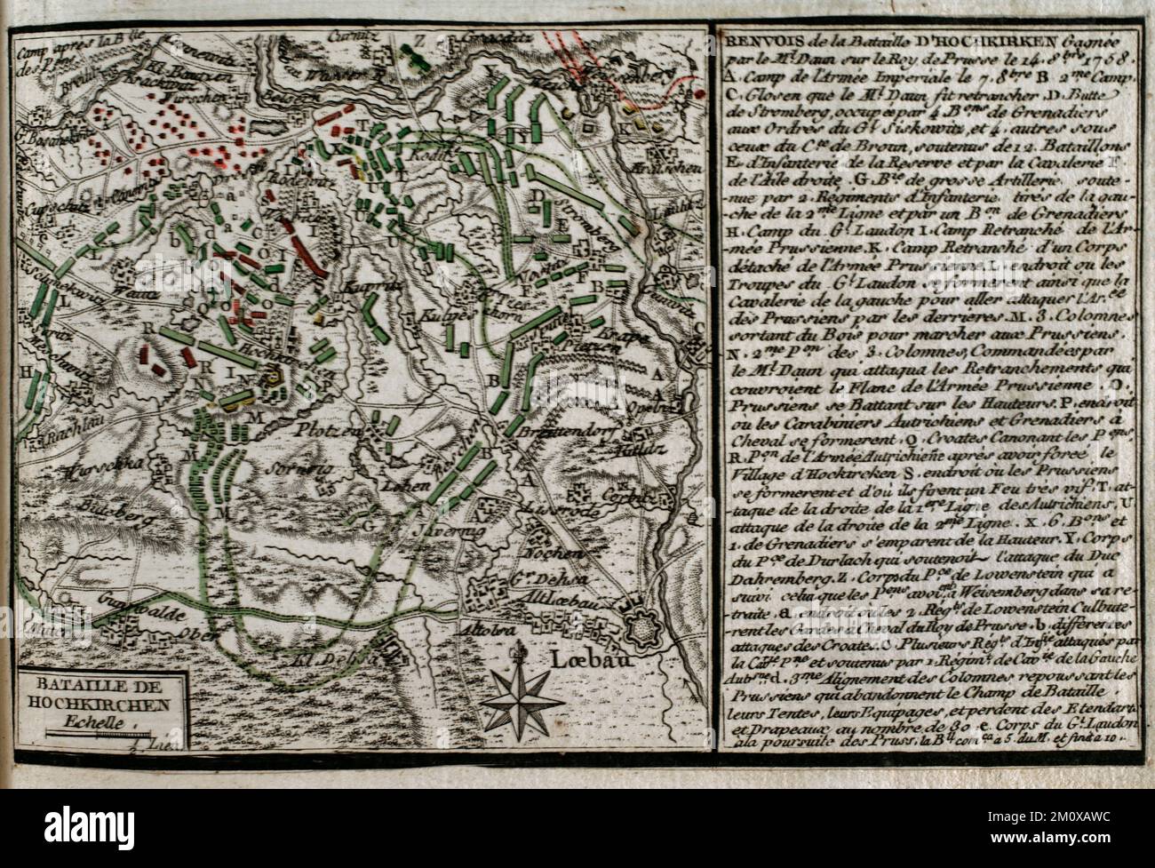 Guerra dei sette anni (1756-1763). Mappa della Battaglia di Hochkirch (14th ottobre 1758). L'esercito prussiano di Federico il Grande affrontò e fu sconfitto da un esercito imperiale austriaco guidato da Leopoldo Joseph von Daun. Pubblicato nel 1765 dal cartografo Jean de Beaurain (1696-1771) come illustrazione della sua Grande carta della Germania, con gli eventi che si sono verificati durante la Guerra dei sette anni. Incisione e incisione. Edizione francese, 1765. Biblioteca storica militare di Barcellona (Biblioteca Histórico Militar de Barcelona). Catalogna. Spagna. Foto Stock
