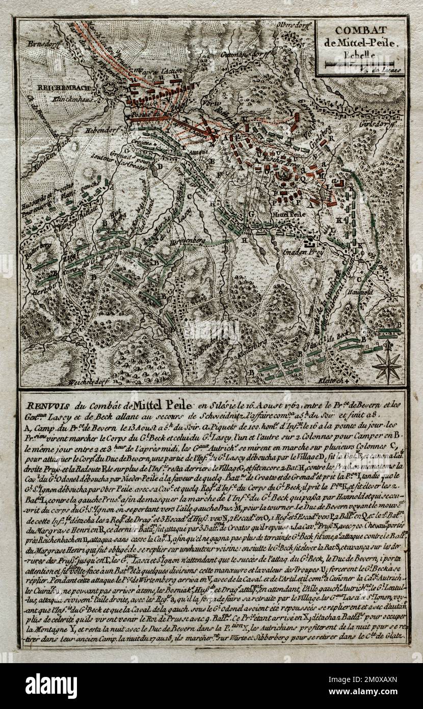 Guerra dei sette anni (1756-1763). Battaglia di Reichenbach (16 agosto 1762). Mappa di Mittel Peile, 1762. Slesia. Le truppe austriache guidate dal maresciallo Daun attaccarono l'esercito prussiano, che riuscì a resistere all'offensiva. Pubblicato nel 1765 dal cartografo Jean de Beaurain (1696-1771) come illustrazione della sua Grande carta della Germania, con gli eventi che si sono verificati durante la Guerra dei sette anni. Incisione e incisione. Edizione francese, 1765. Biblioteca storica militare di Barcellona (Biblioteca Histórico Militar de Barcelona). Catalogna. Spagna. Foto Stock