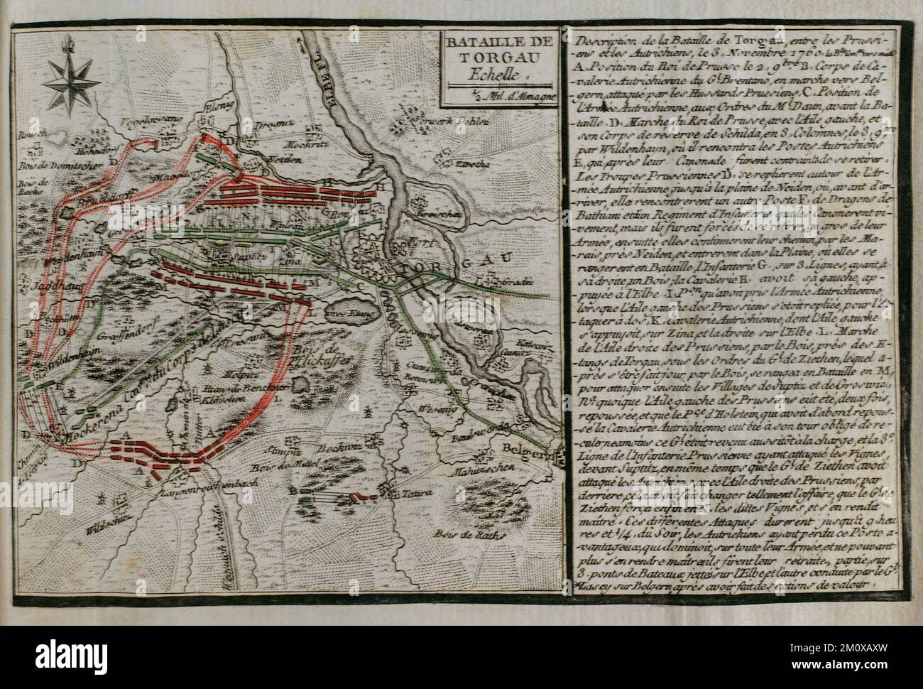 Guerra dei sette anni (1756-1763). Battaglia di Torgau (3 novembre 1760). Confronto tra le truppe prussiane di Federico il Grande contro l'esercito austriaco e sassone del maresciallo Daun. I prussiani vinsero in una delle battaglie più sanguinose della terza guerra silesiana. Pubblicato nel 1765 dal cartografo Jean de Beaurain (1696-1771) come illustrazione della sua Grande carta della Germania, con gli eventi che si sono verificati durante la Guerra dei sette anni. Incisione e incisione. Edizione francese, 1765. Biblioteca storica militare di Barcellona (Biblioteca Histórico Militar de Barcelona). Catalogna. Spagna. Foto Stock