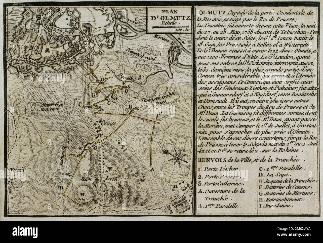 Guerra dei sette anni (1756-1763). Mappa dell'assedio di Olmutz (27th maggio-1st luglio 1758). L'esercito prussiano, comandato da Federico il Grande, assediò la città di Olmutz in Moravia, sotto il controllo degli Asburgo austriaci. La resistenza dell'esercito austriaco, guidato da Ernst Dietrich Marschall, costrinse i prussiani ad abbandonare l'assedio e a ritirarsi dalla Moravia. Pubblicato nel 1765 dal cartografo Jean de Beaurain (1696-1771) come illustrazione della sua Grande carta della Germania, con gli eventi che si sono verificati durante la Guerra dei sette anni. Incisione. Edizione francese, 1765. Biblioteca storica militare di Barc Foto Stock