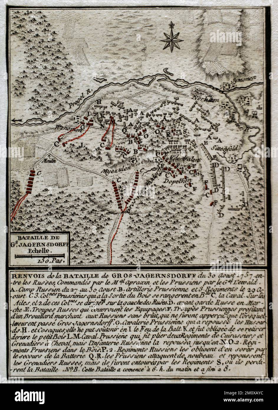 Guerra dei sette anni (1756-1763). Mappa della Battaglia di Gross-Jägersdorf (30 agosto 1757). Prussia orientale. L'esercito russo, sotto il comando del maresciallo di campo Stepan Fyodorovich Apraksin, sconfisse una piccola forza prussiana guidata dal maresciallo di campo Hans von Lehwaldt. Fu la prima battaglia alla quale la Russia prese parte durante il conflitto. Pubblicato nel 1765 dal cartografo Jean de Beaurain (1696-1771) come illustrazione della sua Grande carta della Germania, con gli eventi che si sono verificati durante la Guerra dei sette anni. Incisione e incisione. Biblioteca storica militare di Barcellona (Biblioteca Histórico Militar de B. Foto Stock