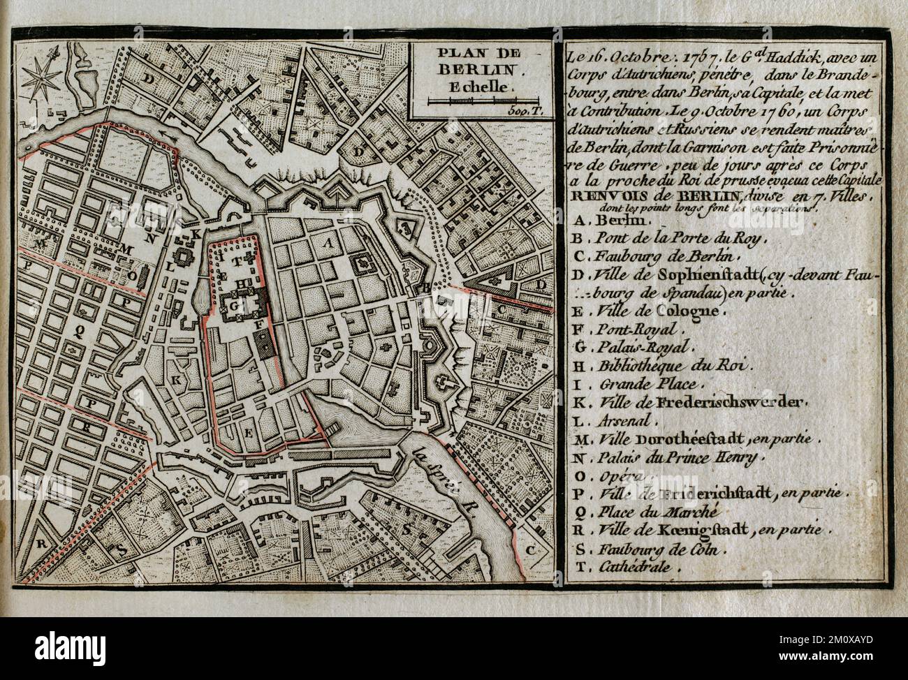 Guerra dei sette anni (1756-1763). Terza guerra silesiana. Mappa di Berlino, 1760. RAID a Berlino. Il 9 ottobre 1760 le truppe austriache e russe occuparono la capitale prussiana di Berlino per alcuni giorni. Dopo aver saccheggio la città e aver informato che i prussiani stavano inviando rinforzi a Berlino, si ritirarono. Pubblicato nel 1765 dal cartografo Jean de Beaurain (1696-1771) come illustrazione della sua Grande carta della Germania, con gli eventi che si sono verificati durante la Guerra dei sette anni. Incisione e incisione. Edizione francese, 1765. Biblioteca storica militare di Barcellona (Biblioteca Histórico Militar de B. Foto Stock