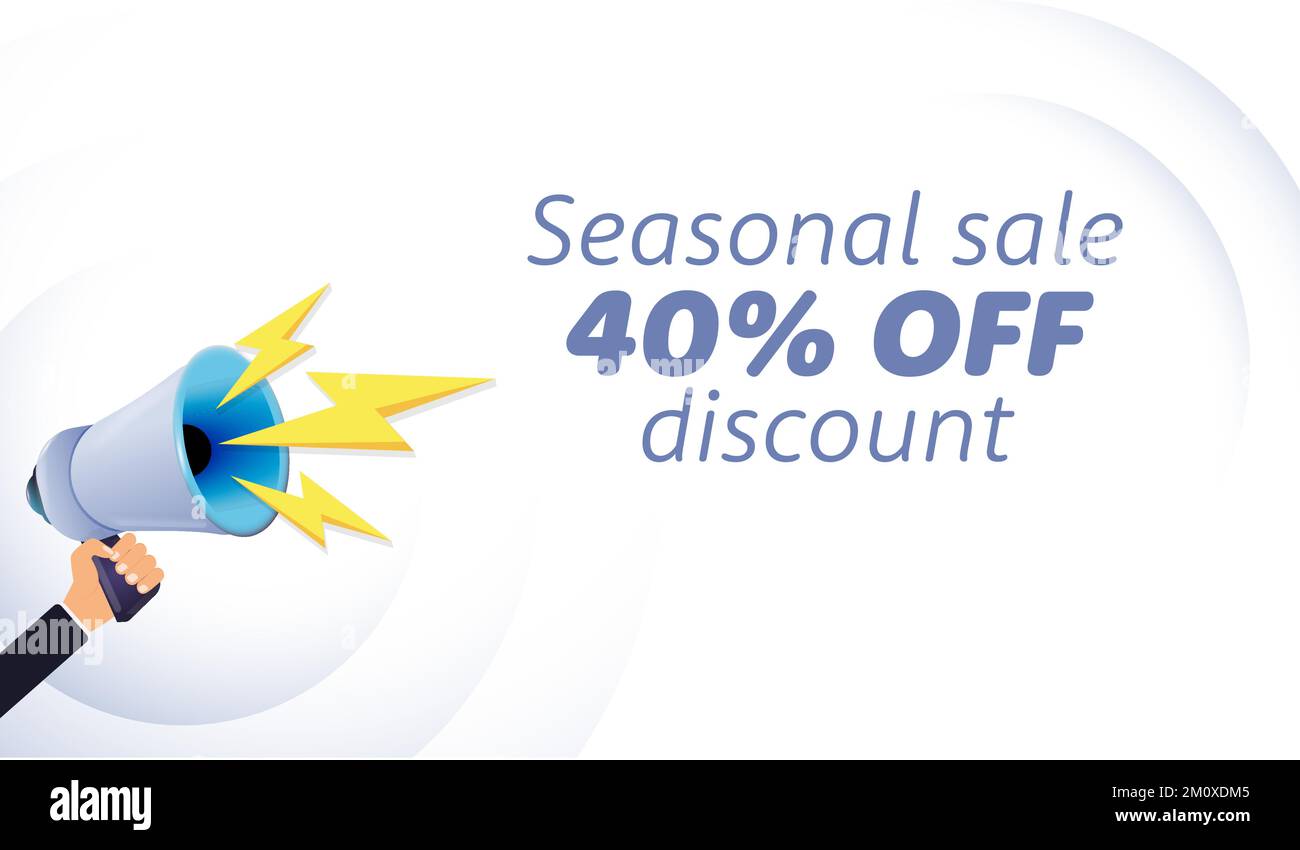 Megafone da tenere in mano. Offerta stagionale 40% di sconto, realistico 3D megafone, altoparlante con fulmini. Simboli altoparlante, social media Illustrazione Vettoriale