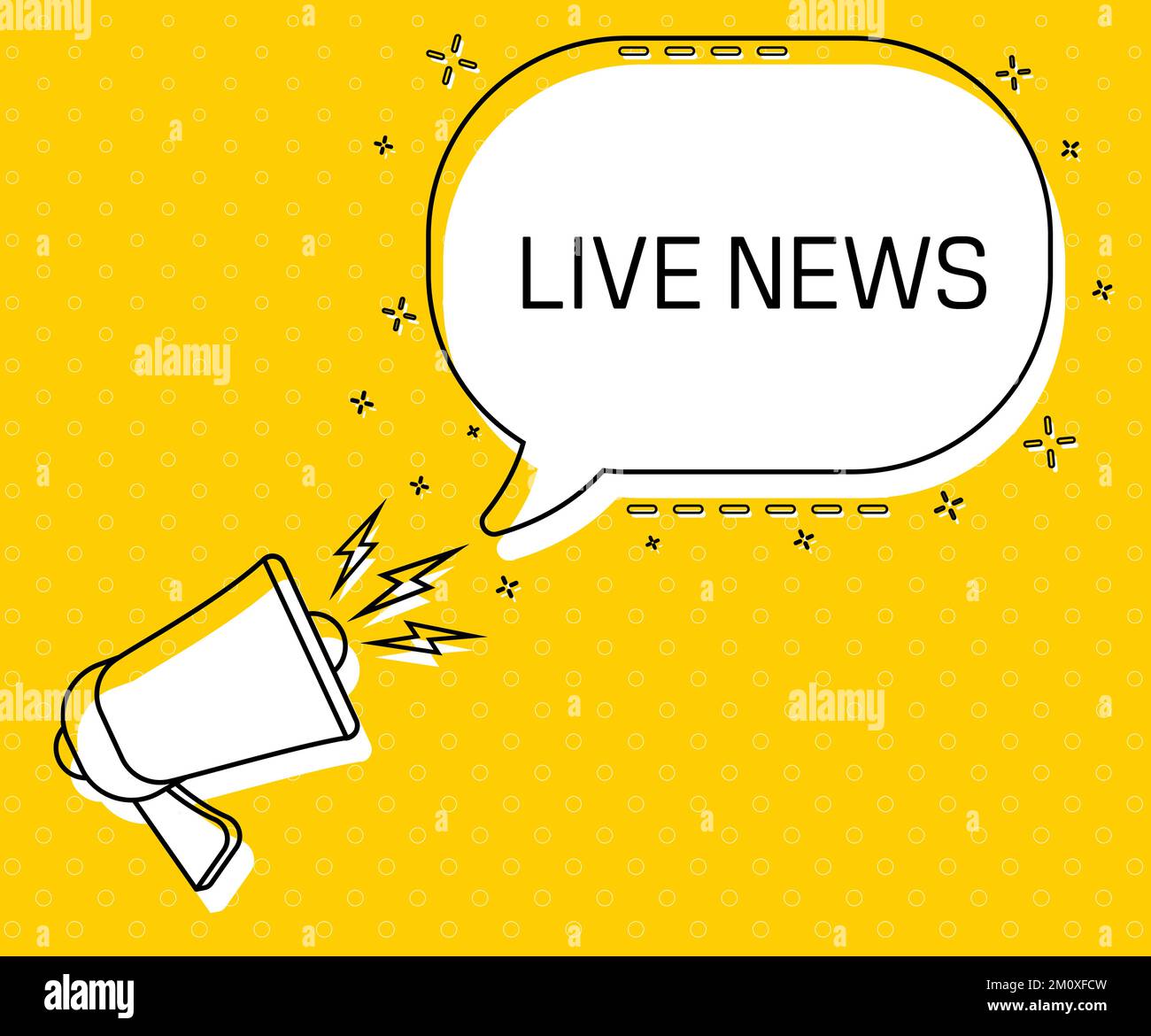Notizie dal vivo. Megaphone e colorata bolla del discorso giallo con citazione. Gestione del blog, blogging e scrittura per il sito web. Poster concettuale per i social Illustrazione Vettoriale